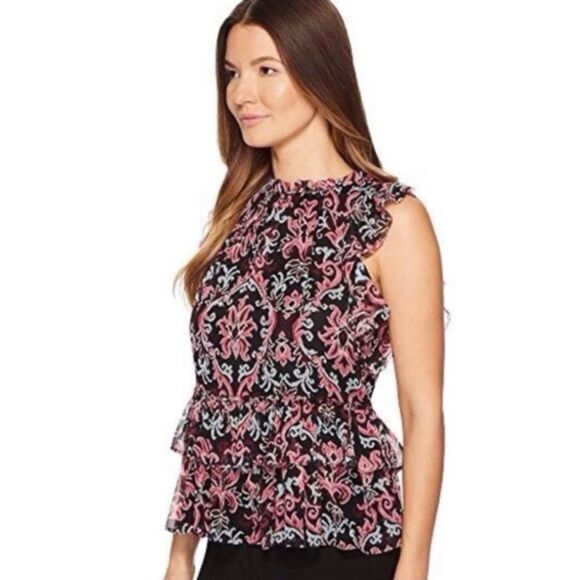 Kate Spade Tapestry Silk Chiffon Ruffle Blouse Black/Pink Women's XL Boho Brunch - Picture 1 of 12